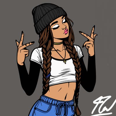 realistic teenage girl with braids and a beanie and crop top doing 🫶🏼
