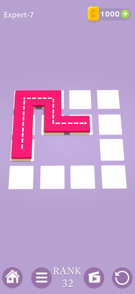A minimalist logic puzzle in Puzzledom showing a pink path filling squares on a grid at an expert level.