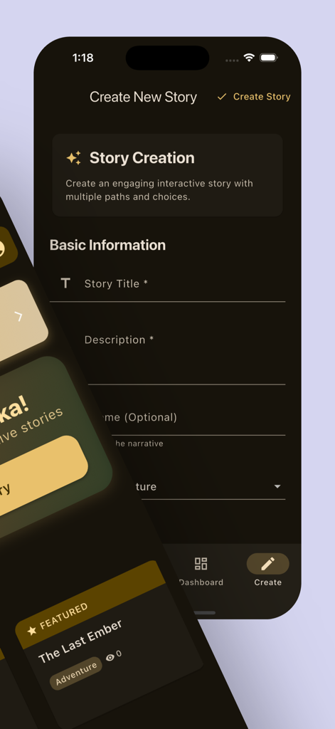 Plotika - Pantalla de creación de historias de la aplicación Plotika con campos de título y descripción