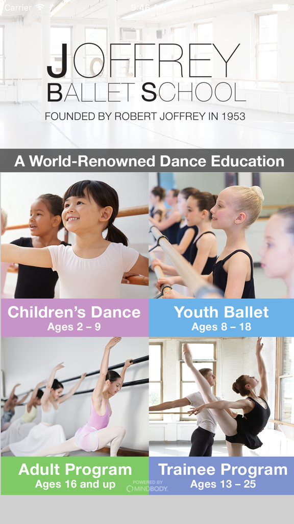 Joffrey Ballet School - Joffrey Ballet School app interface displaying dance program categories for children, youth, adults, and trainees.