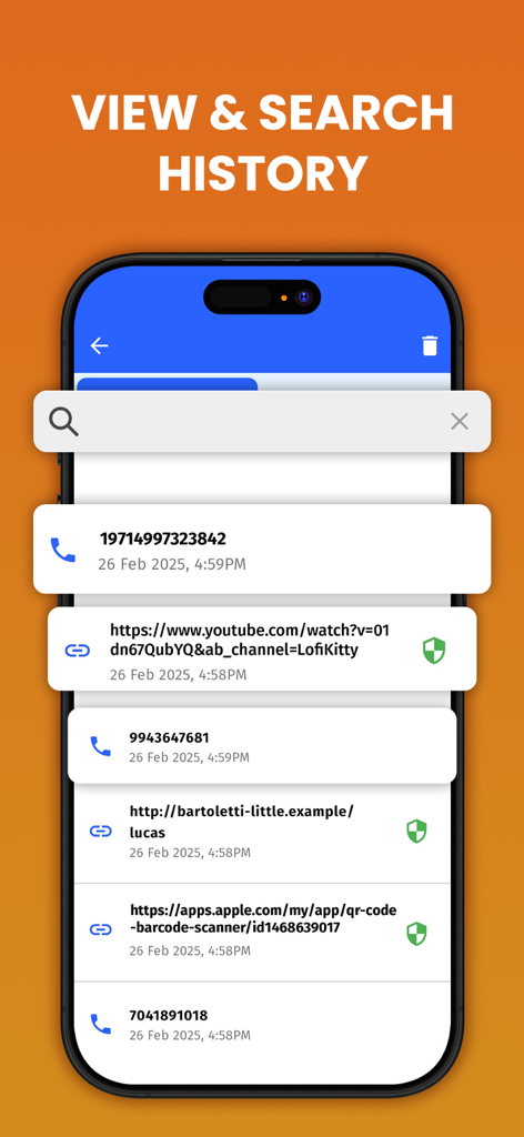 Tela de histórico pesquisável mostrando links e números digitalizados no aplicativo de scanner de código QR