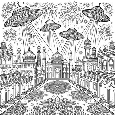 Embark on an extraordinary coloring journey blending ancient Diwali traditions with futuristic encounters. This unique page features ornate UFOs witnessing a vibrant Diwali festival, complete with intricate architecture and dazzling fireworks.