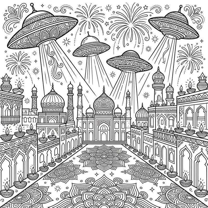 Embark on an extraordinary coloring journey blending ancient Diwali traditions with futuristic encounters. This unique page features ornate UFOs witnessing a vibrant Diwali festival, complete with intricate architecture and dazzling fireworks.