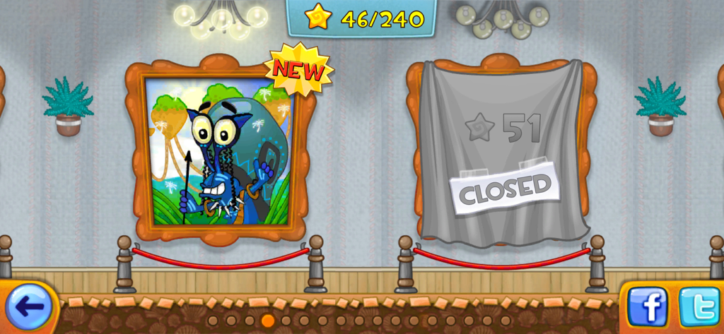 Snail Bob 1: Arcade Adventure - Snail Bob 1 Galeriebildschirm, der eine Sammlung von Gemälden und gesammelten Sternen zeigt