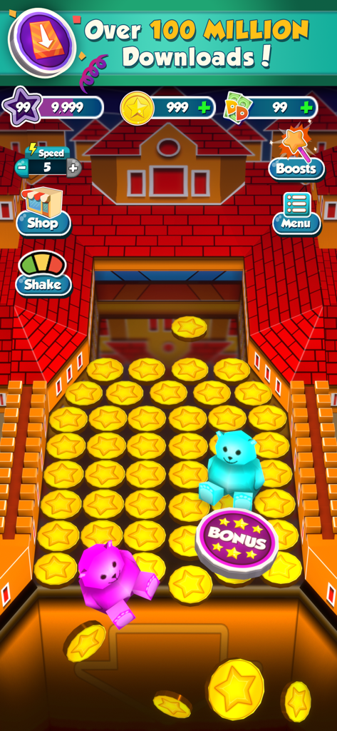 Coin Dozer game screen showing golden coins and colorful prizes on a coin pusher machine