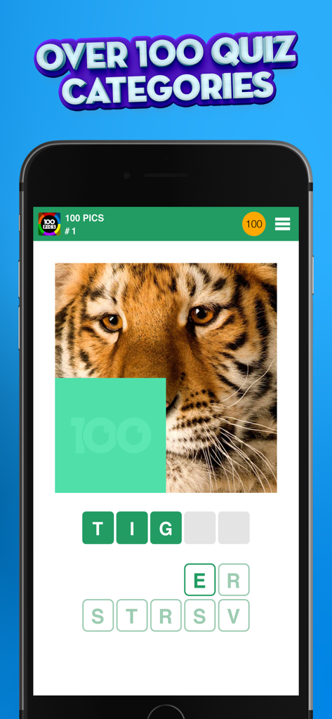 100 PICS Quiz mobile app screenshot showing a tiger picture puzzle and letter selection tiles