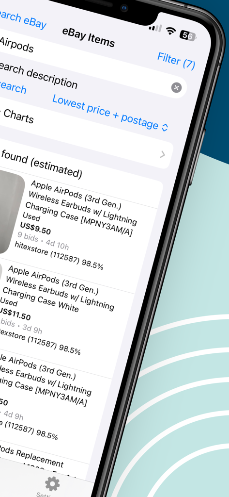 Search for eBay - Schermata dell'app Cerca su eBay che mostra annunci di AirPods con prezzi e offerte