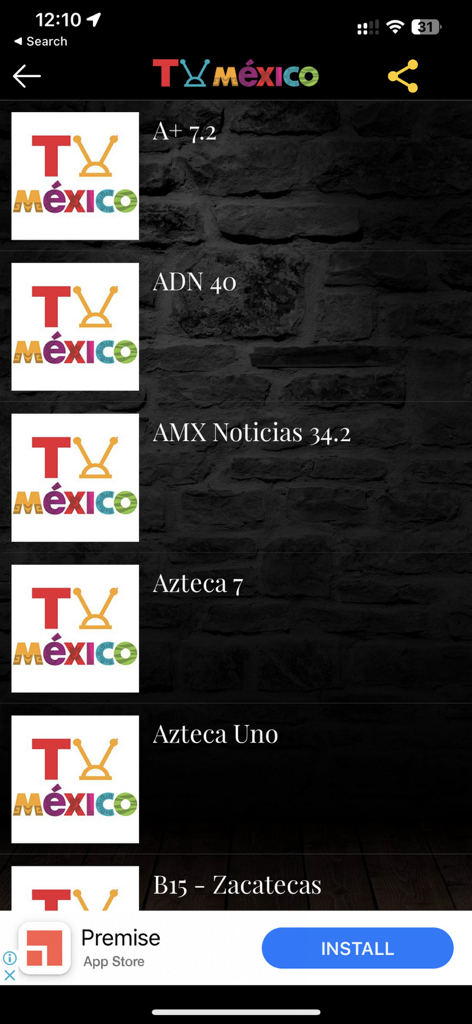 TV México Señal Abierta - Interfaz de la app TV México mostrando una lista de canales de señal abierta disponibles como Azteca 7 y ADN 40