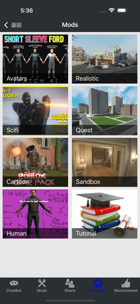 BoneL-DLC & Mods Addons Cheats - A menu of different mod categories for the Bonelab VR game including Avatars Scifi and Sandbox