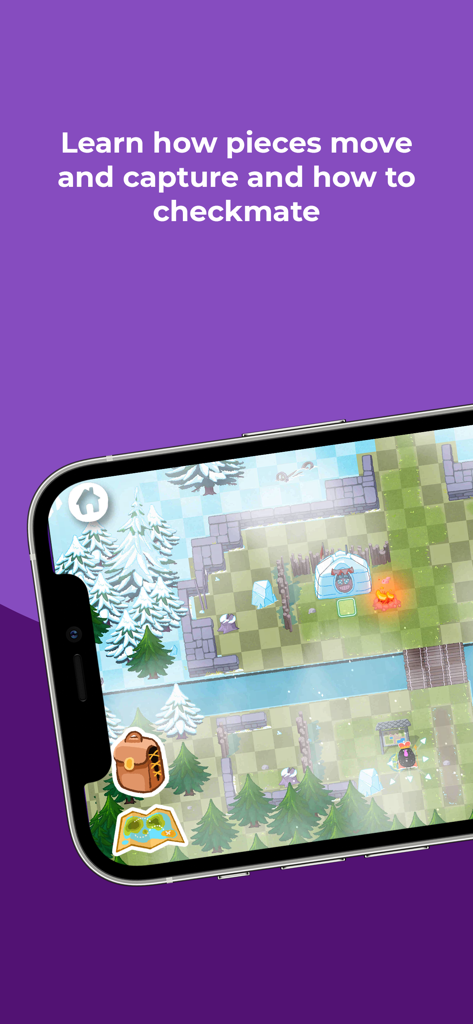 Un smartphone affichant un niveau d'aventure dans l'application Kahoot Learn Chess avec du texte sur l'apprentissage des mouvements des pièces.