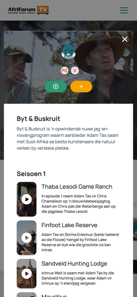 AfriForumTV - AfriForumTV app interface displaying the show details and episode list for the hunting and fishing program Byt and Buskruit