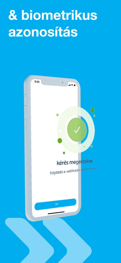 Pantalla de la aplicación KH mobiltrader que muestra un mensaje de confirmación y éxito de identificación biométrica