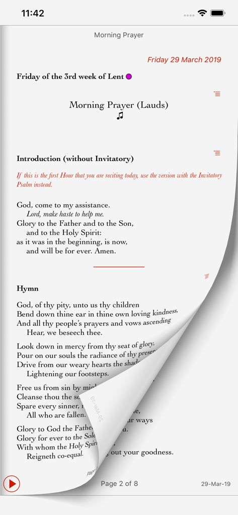 Testo liturgico della Preghiera del Mattino Laudi nell'app Universalis che mostra un effetto di sfogliamento.