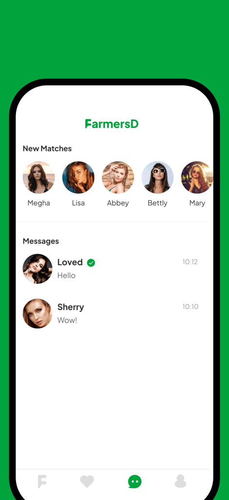 Farmers Dating App - FarmersD - FarmersD dating app interface showing new match profiles and direct messages from rural singles