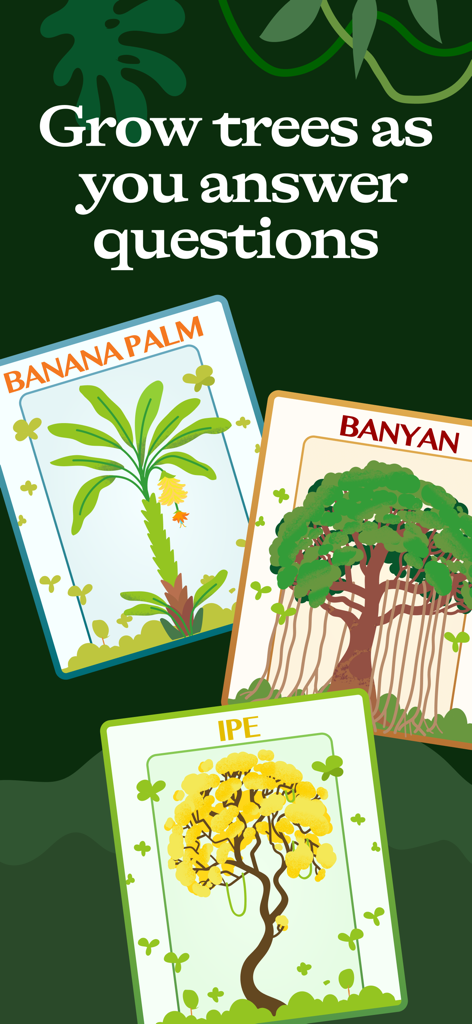 Una pantalla de estudio gamificada de la aplicación Jungle que muestra tarjetas de diferentes árboles y el texto Haz crecer árboles mientras respondes preguntas.