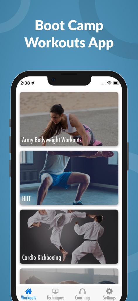 Boot Camp Workouts & Trainings - Smartphone screen showing army bodyweight workouts HIIT and cardio kickboxing categories