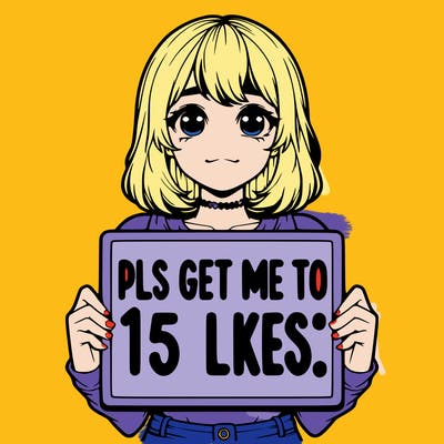realistic girl holding up a sign that says “pls get me to 15 likes!”
