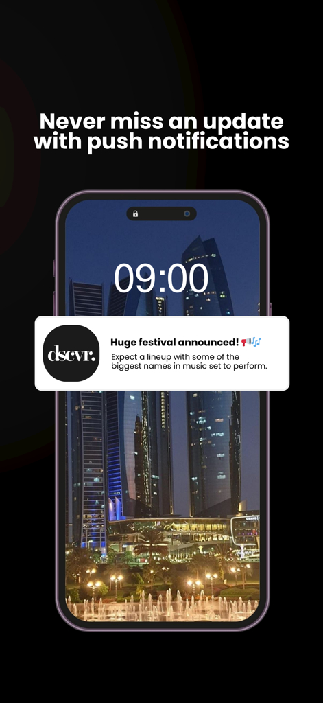 Tela de bloqueio de um iPhone exibindo uma notificação push do aplicativo dscvr.ae sobre o anúncio de um festival de música nos Emirados Árabes Unidos.