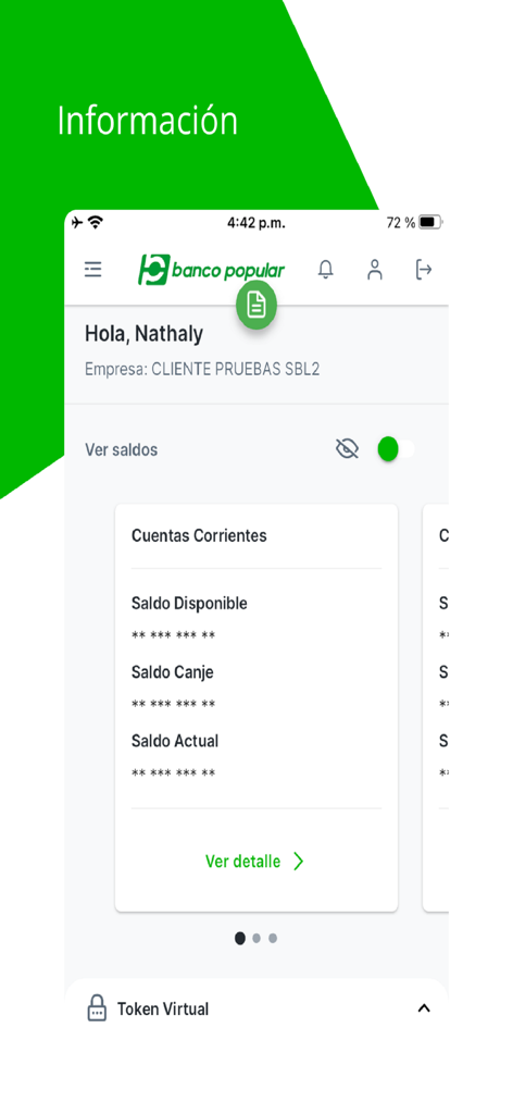 Banco Popular Empresas - Mobile interface of Banco Popular Empresas showing business checking account balances and virtual token.