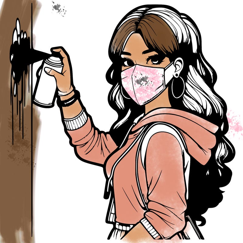 realistic girl with mask spray painting a wall