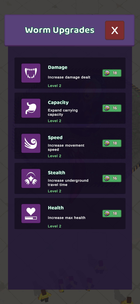 A mobile game menu titled Worm Upgrades showing options to increase damage capacity speed stealth and health stats