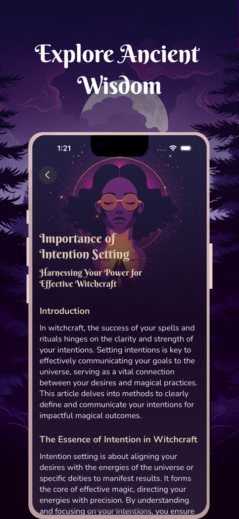 Witchcraft & Wicca - Coven App - Smartphone screen displaying an educational article about intention setting in witchcraft with mystical purple background