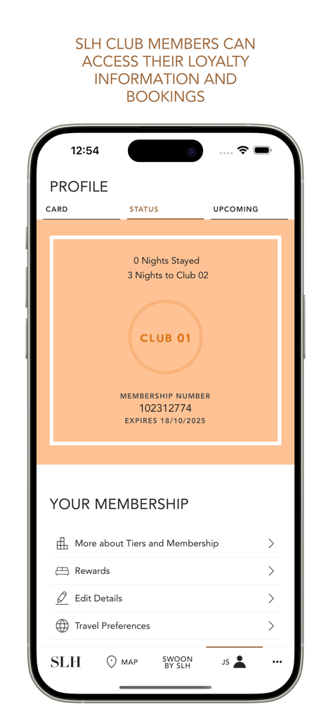 Small Luxury Hotels - Small Luxury Hotels app profile screen showing SLH Club loyalty status and membership details