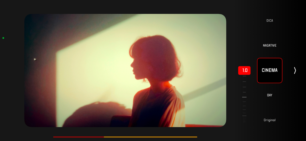 RECO - 4K VIDEO & FILM FILTER - Interface do aplicativo de vídeo RECO mostrando um filtro de filme de cinema aplicado a uma foto de silhueta com iluminação quente.