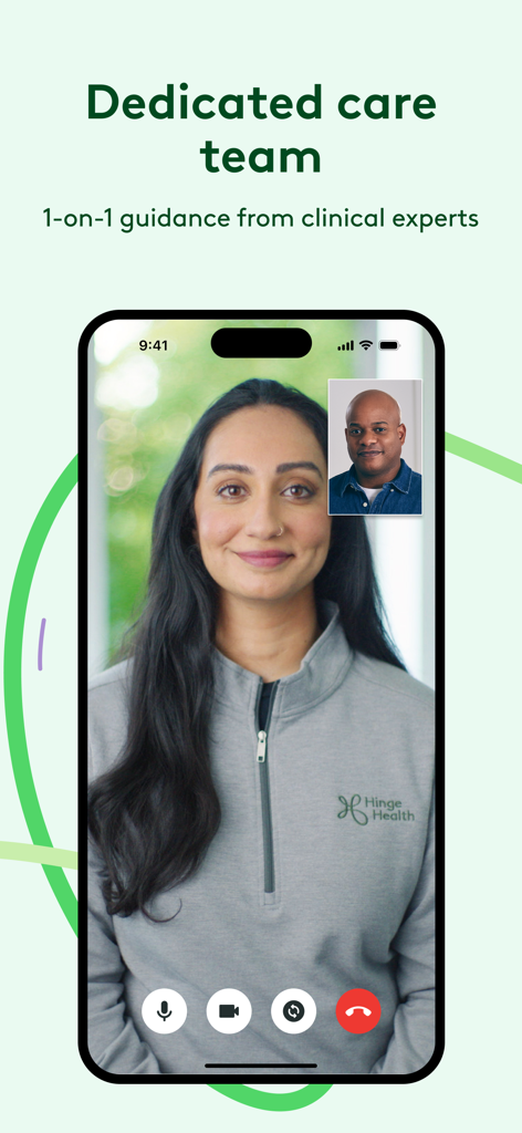 Hinge Health app interface showing a 1-on-1 video call with a clinical expert for personalized guidance.