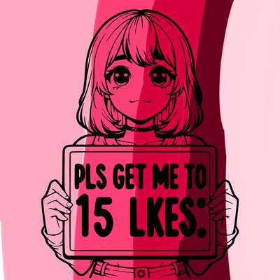 realistic girl holding up a sign that says “pls get me to 15 likes!”