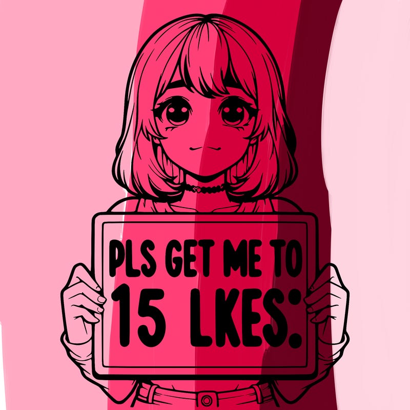 realistic girl holding up a sign that says “pls get me to 15 likes!”