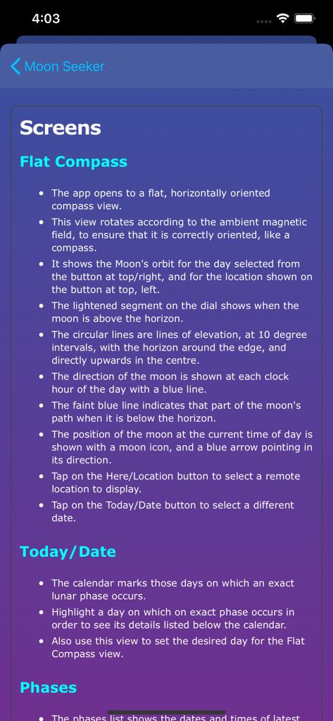 Instructional screen for the Moon Seeker app explaining the flat compass and lunar phase features