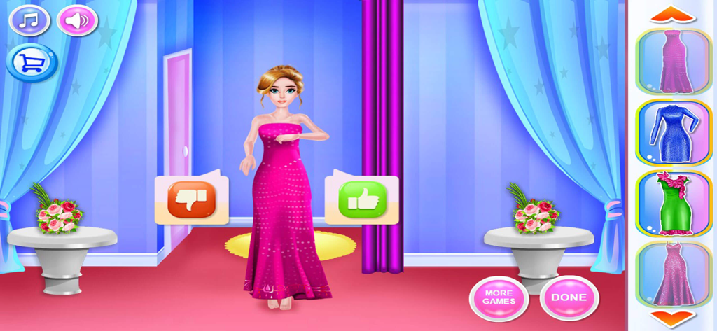Personaje con un vestido largo rosa en una interfaz de juego de cambio de imagen y vestimenta de moda