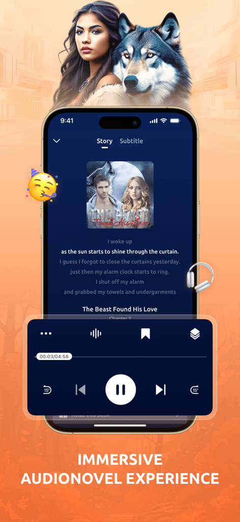 PickNovel - Novels & Stories - Pantalla de un teléfono inteligente que muestra el reproductor de audionovelas de PickNovel con una historia sobre hombres lobo.