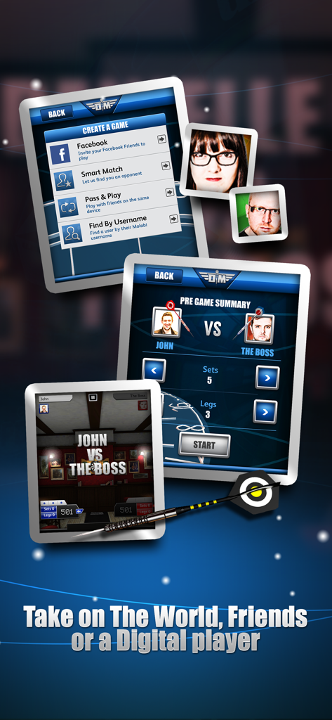 Darts Match - Capturas de pantalla de la aplicación Dardos Match que muestran varios modos multijugador, incluido el juego social con amigos y la configuración de partidas contra oponentes digitales