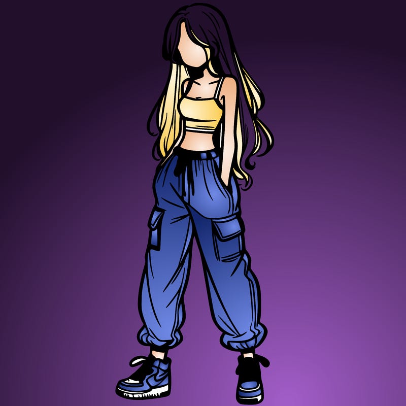girl in baggy pants crop top and long hair
