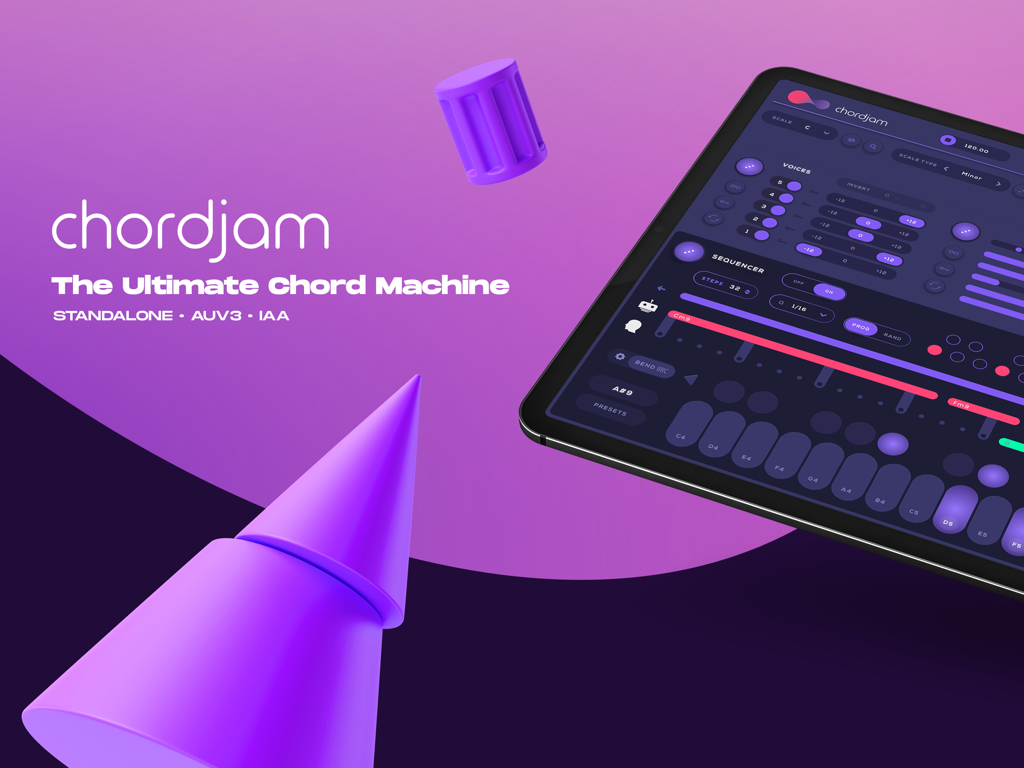 ChordjamアプリのインターフェースがiPadに表示され、音楽制作のためのコード生成とシーケンサー設定を示しています。