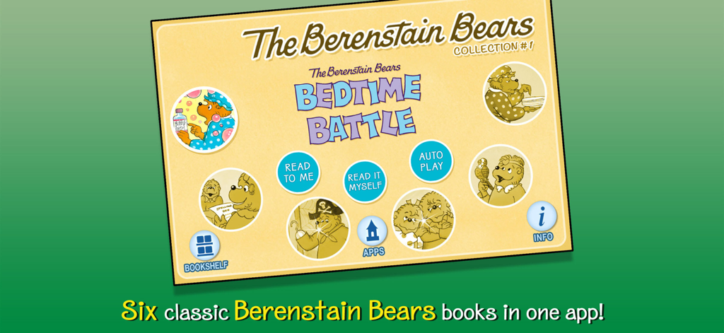 Menú principal de la aplicación de libros interactivos Berenstain Bears Bedtime Battle con opciones de lectura