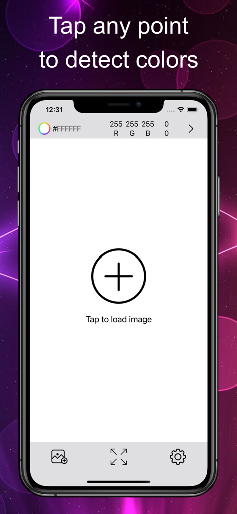 색상 감지를 위해 탭하여 이미지를 로드하라는 지침이 있는 iPhone의 색상 선택기 앱 메인 화면