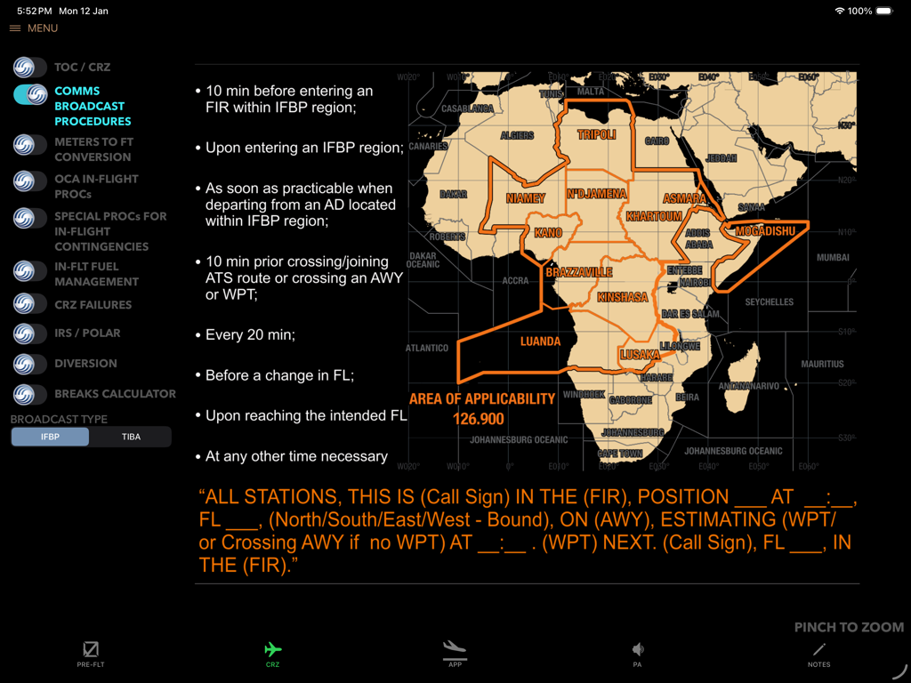 Interface de l'application A380 Clipboard montrant les procédures de diffusion des communications aéronautiques avec une carte mise en évidence des régions d'information de vol d'Afrique.
