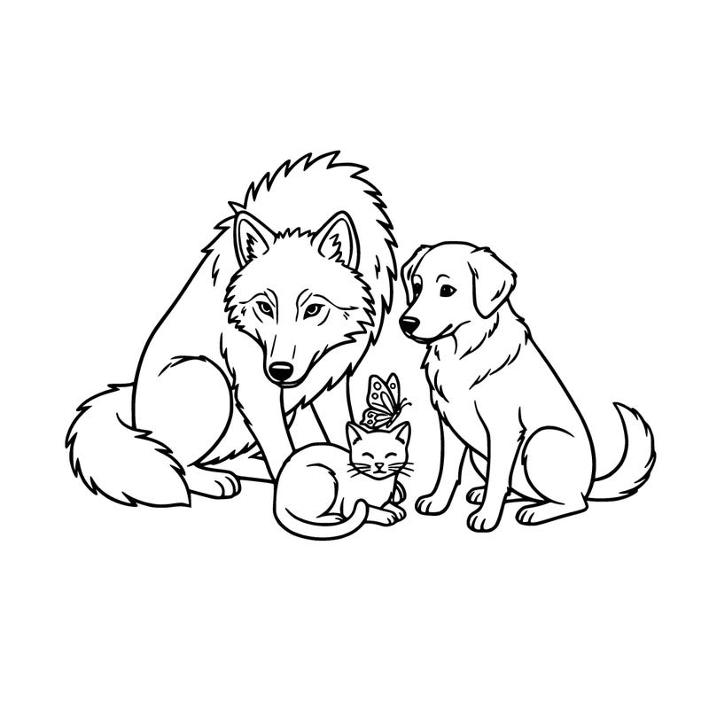 a wolf guarding a cat, butterfly, and a dog