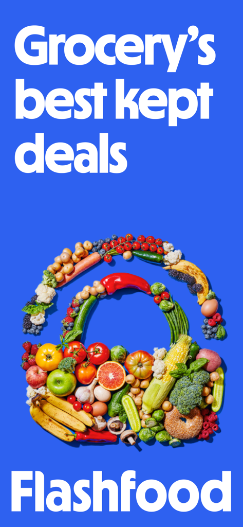 Flashfood - Grocery deals - Flashfood-Werbebildschirm mit einer Einkaufstasche aus frischem Obst und Gemüse und dem Slogan 'Die bestgehüteten Angebote für Lebensmittel'