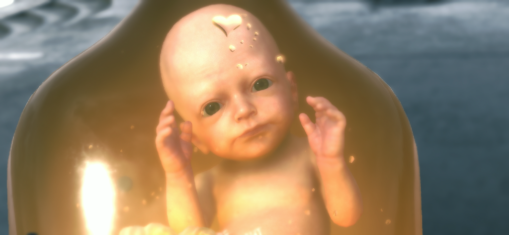A close up of a baby inside a glowing amber Bridge Baby pod from Death Stranding