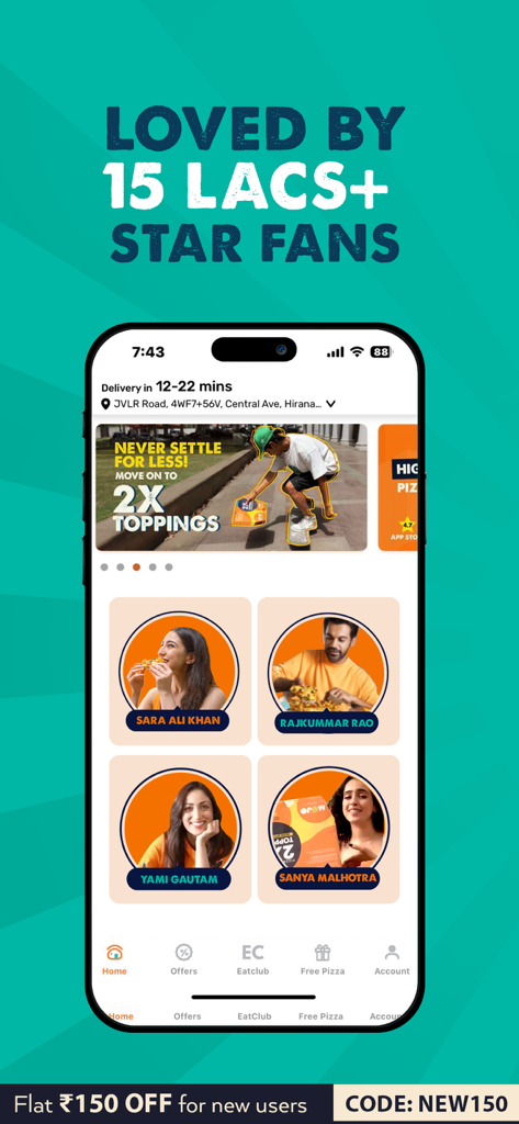 MOJO Pizza: Food Delivery App - Écran d'accueil de l'application MOJO Pizza présentant des fans célèbres et des offres promotionnelles