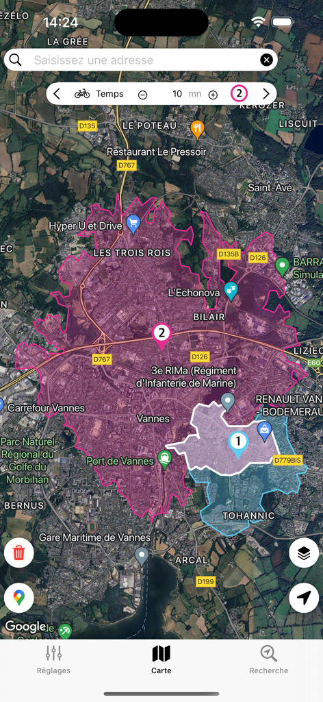Coo - Interface da aplicação Coo apresentando zonas isócronas de tempo de viagem para um passeio de bicicleta de 10 minutos num mapa de propriedades