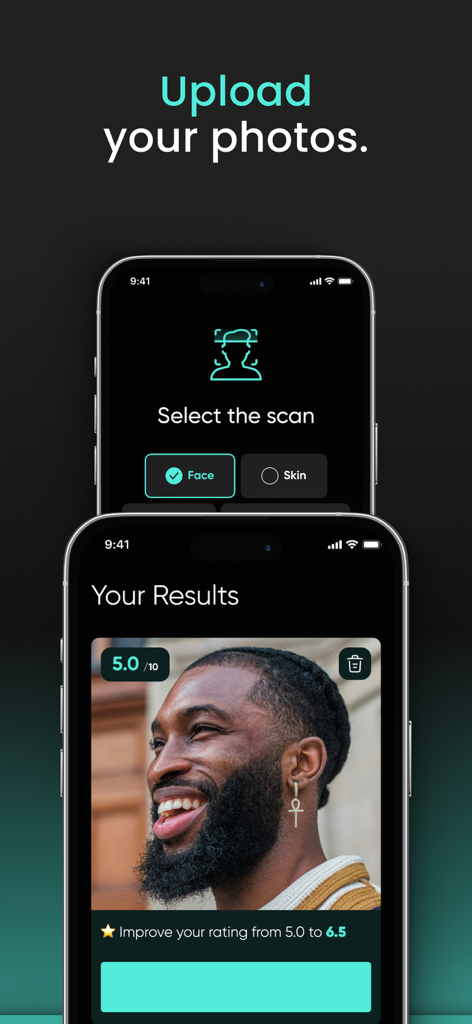 RateByFresh - LooksMax - RateByFresh App-Bildschirme, die die Auswahl von Gesichts-Scans und KI-Attraktivitätsbewertungs-Ergebnisse zeigen