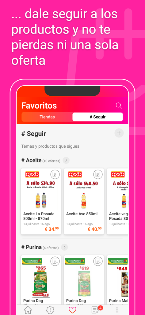 Catálogos y ofertas de México - Seção de favoritos no aplicativo mostrando ofertas de óleos e ração para animais de estimação de lojas mexicanas.