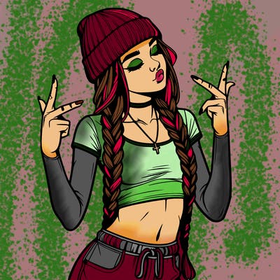 realistic teenage girl with braids and a beanie and crop top doing 🫶🏼