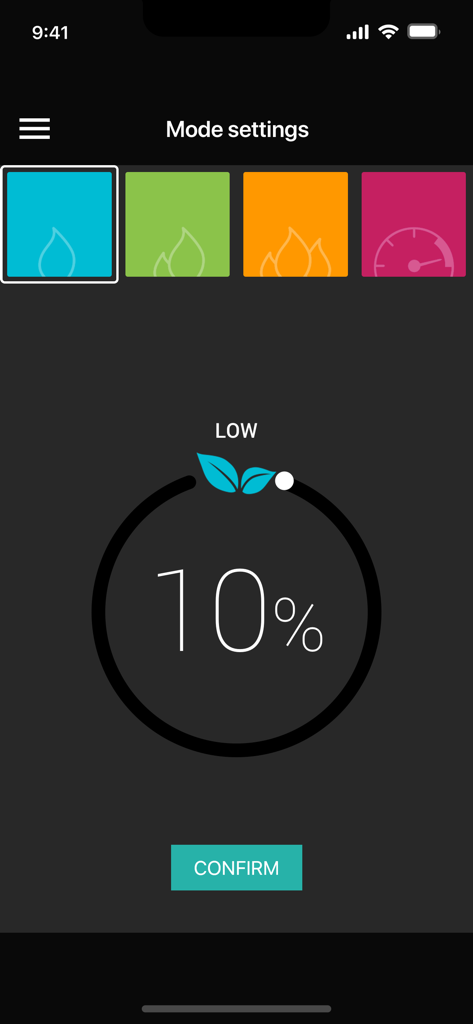 Olle Connect - Olle Connect app mode settings screen with a dial set to 10 percent for heat level control.