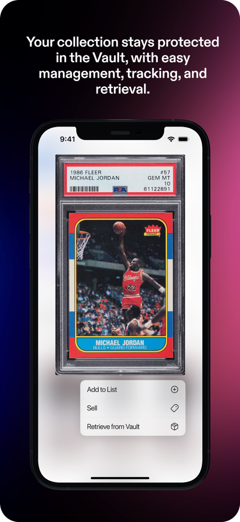 Fanatics Collect - Fanatics Collect app interface showing a graded Michael Jordan rookie card stored in the secure digital Vault with options to sell or retrieve.